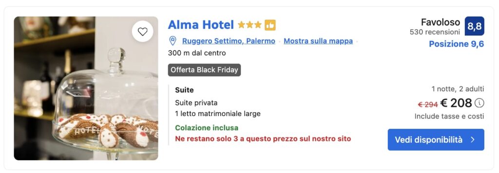 Offerta Black Friday hotel Palermo: dolcetti siciliani esposti nella sala colazioni dell’Alma Hotel.