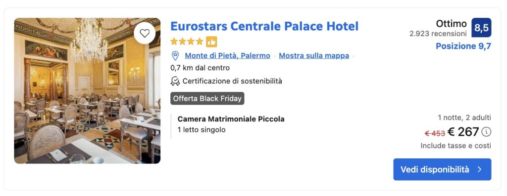 Offerta Black Friday a Palermo: sala elegante dell’Eurostars Centrale Palace Hotel con lampadario in cristallo.