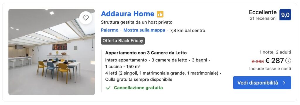 Offerta Black Friday Palermo: soggiorno moderno e luminoso dell’appartamento Addaura Home vicino al mare.