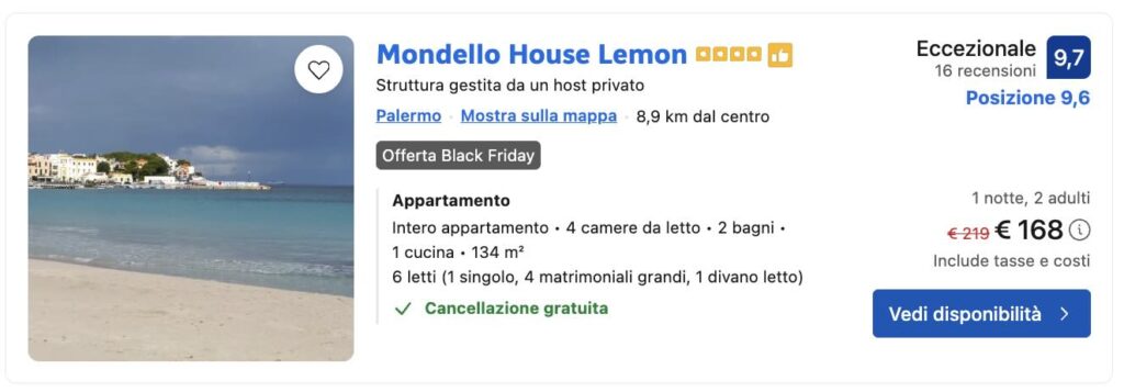 Black Friday hotel Palermo: vista sulla spiaggia di Mondello vicino all’alloggio Mondello House Lemon.