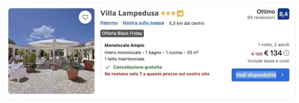 Offerte Black Friday hotel Palermo: cortile interno della storica Villa Lampedusa con area relax.