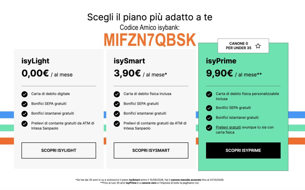 Codice invito isybank MIFZN7QBSK: promo nuovi clienti con 7.600 isyToken 2 piani isybank - tabella con costo isyLight, isySmart, isyPrime e codice Invito Isybank: MIFZN7QBSK