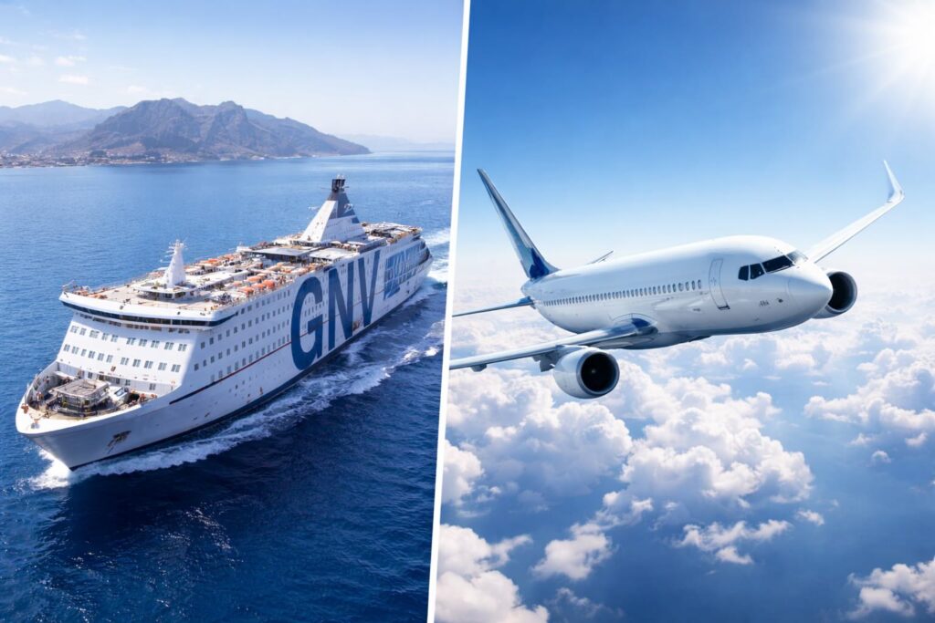 Immagine comparativa con un traghetto GNV in navigazione verso la Sicilia e un aereo in volo sopra le nuvole.