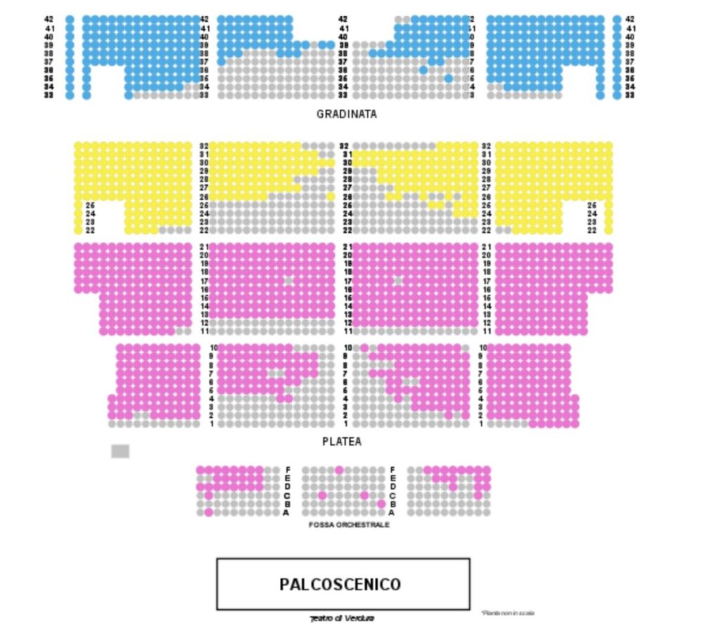 Mappa dei posti del Teatro di Verdura di Palermo per il concerto di Coez, con settori I, II e III numerati evidenziati in rosa, giallo e blu e vari posti già occupati nelle zone centrali.