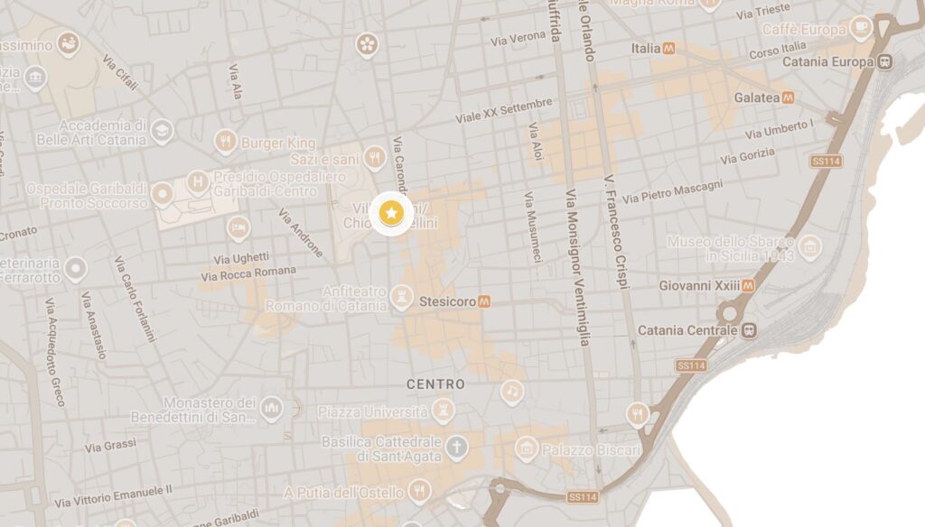 Mappa di Catania con la posizione di Villa Bellini evidenziata nel centro città.