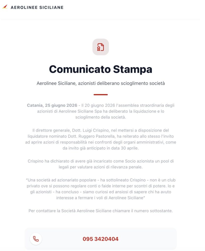 comunicato stampa aerolinee siciliane