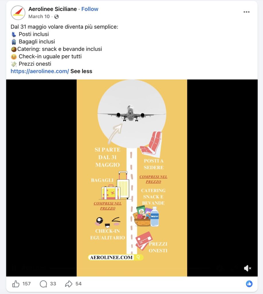 Post Facebook di Aerolinee Siciliane (10 marzo 2026): infografica che annuncia i voli dal 31 maggio con posti, bagagli e catering inclusi nel prezzo.