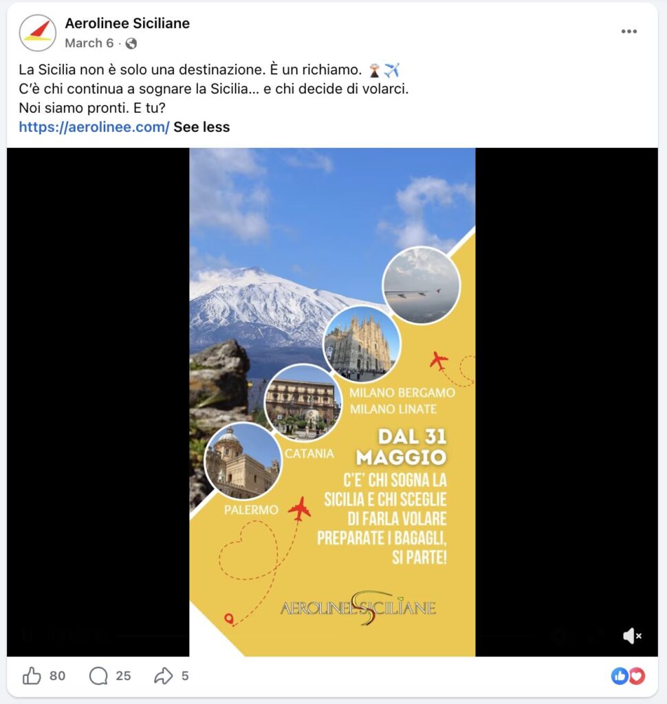 Post Facebook di Aerolinee Siciliane (6 marzo 2026): infografica con le rotte annunciate dal 31 maggio — Palermo e Catania verso Milano Bergamo e Milano Linate — sullo sfondo dell'Etna.