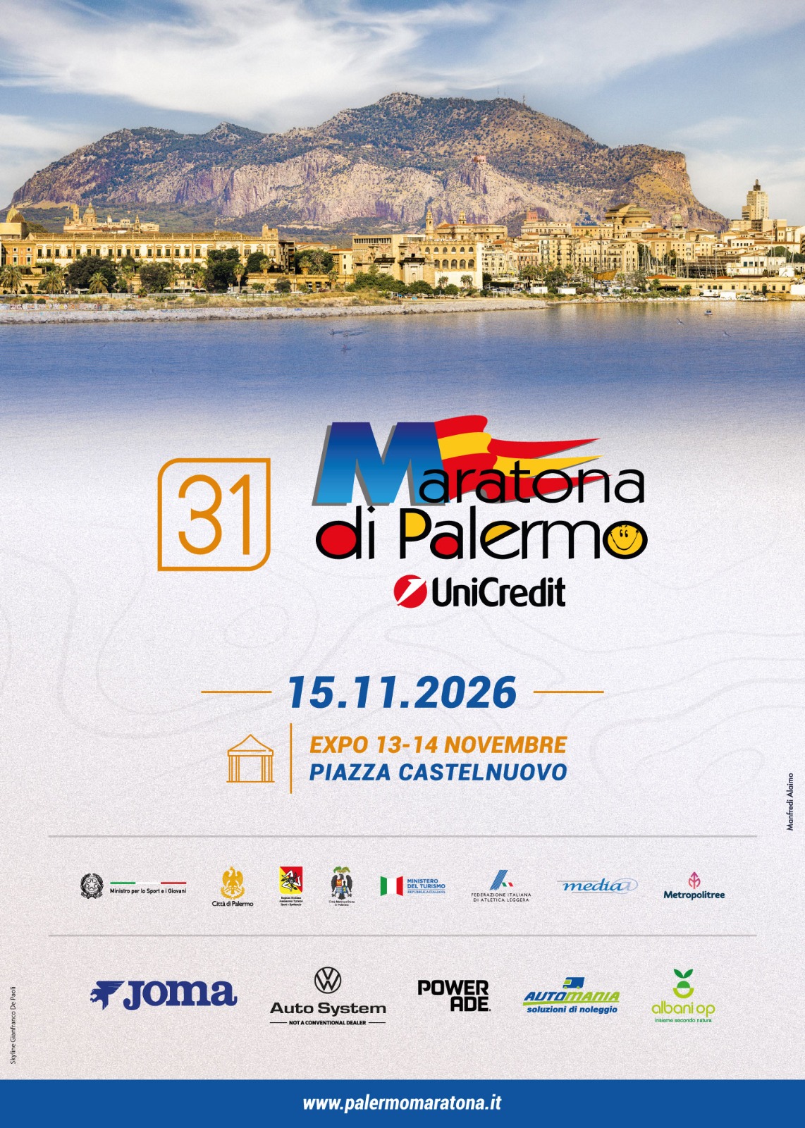 Maratona di Palermo 2026: percorso, iscrizioni e punti migliori per seguirla 2 Locandina della 31ª Maratona di Palermo: gara il 15 novembre 2026, Expo il 13 e 14 novembre in Piazza Castelnuovo