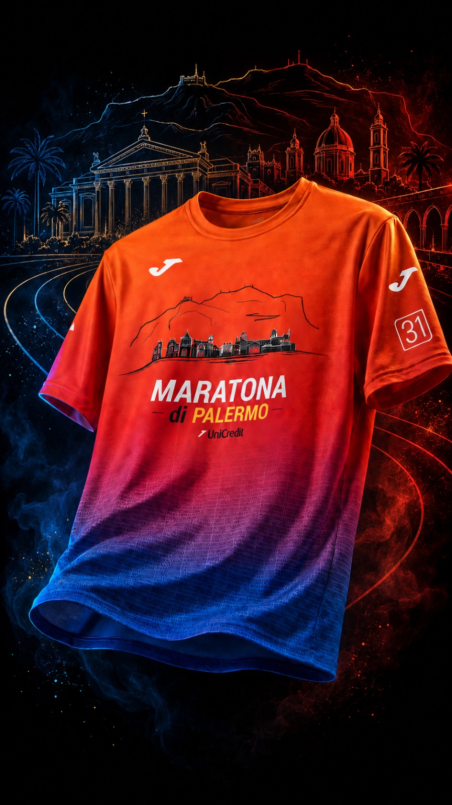 Maratona di Palermo 2026: percorso, iscrizioni e punti migliori per seguirla 1 Maglia tecnica ufficiale della Maratona di Palermo 2026, arancione e blu con lo skyline della città