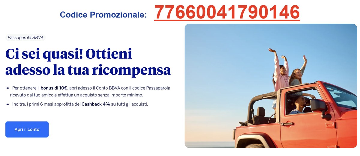 Codice Promozionale BBVA 77660041790146 sulla pagina ufficiale Passaparola